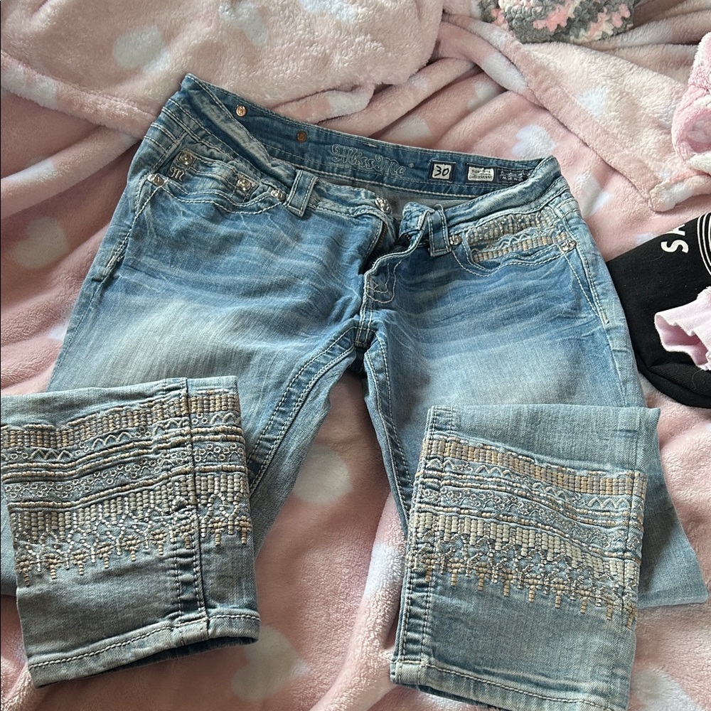 Miss Me Light Blue Embroidered Cropped Jeans